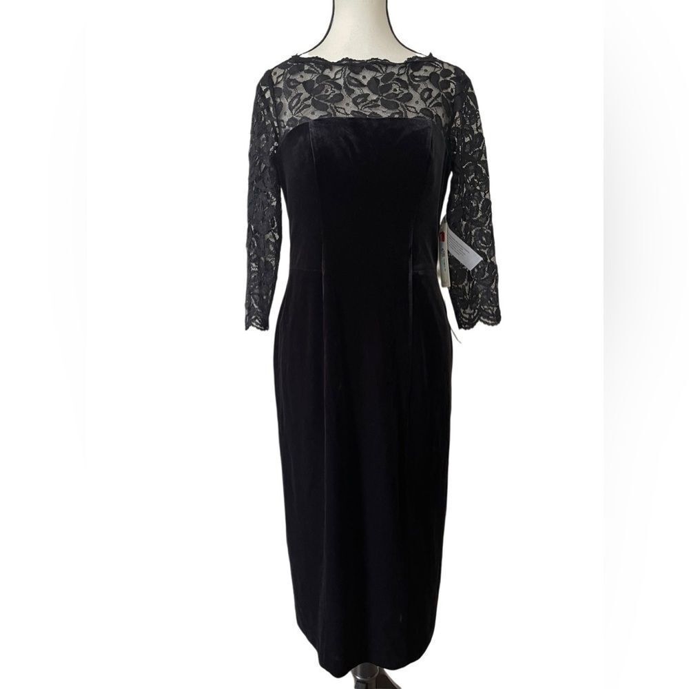 Eliza J lace & velvet sheath black midi dress 3/4 sleeves fully lined‎ sz 8 - Picture 8 of 16